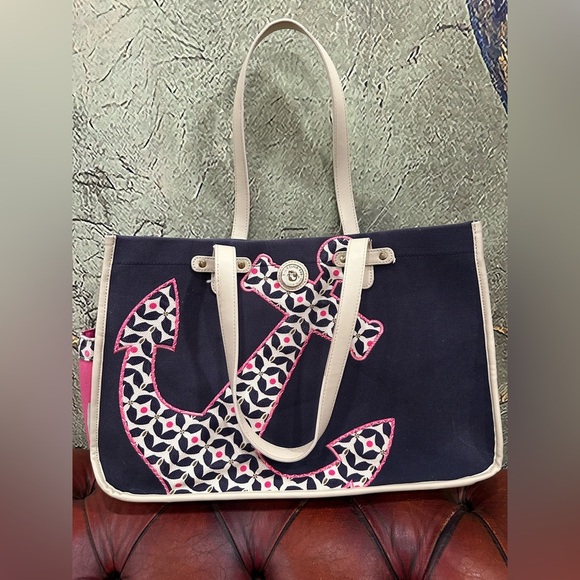 SPARTINA 449 Daufuskie Island Mermaid Large Navy Blue  and hot pink  Anchor Tote - Picture 1 of 15